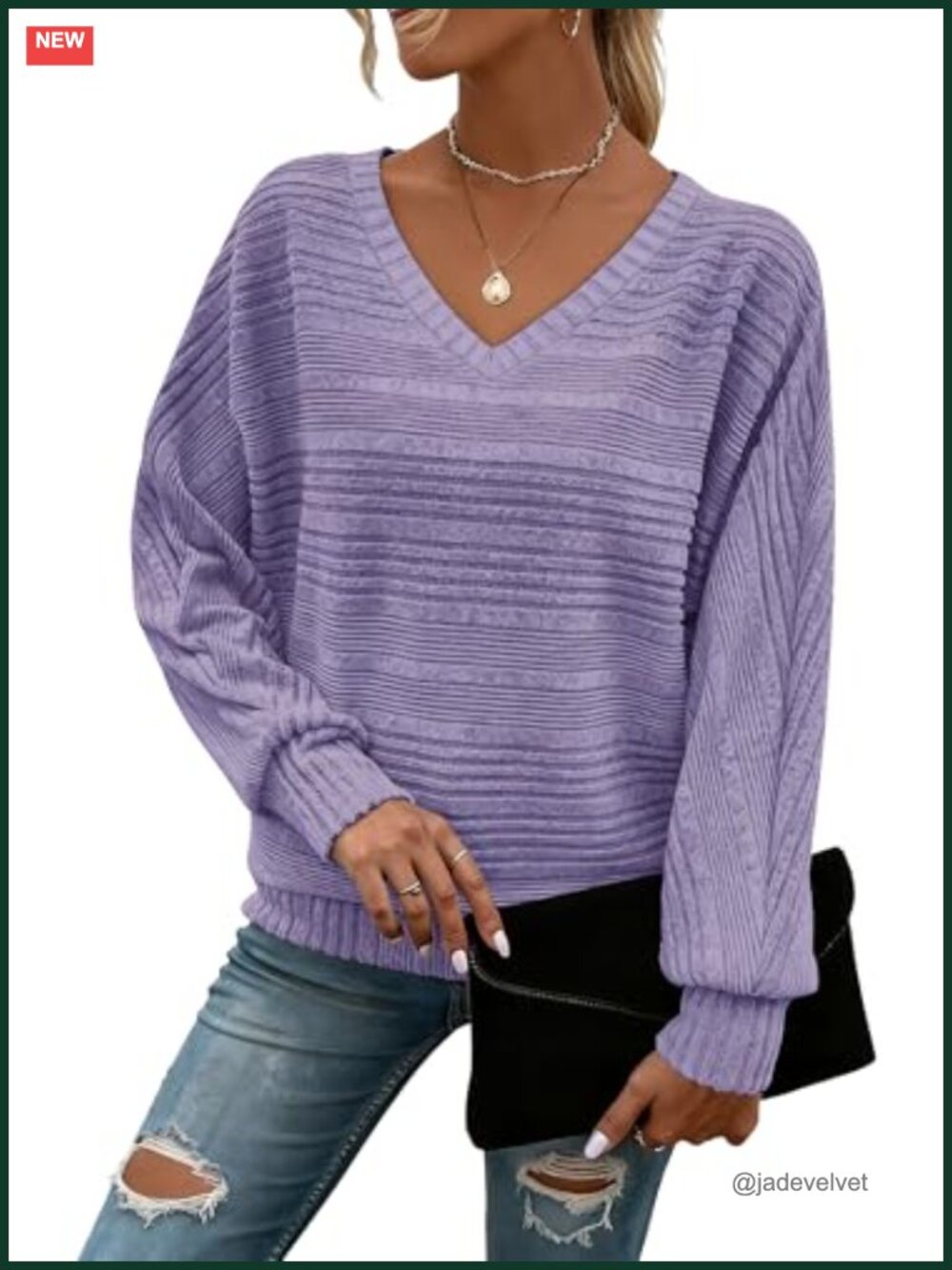 Women V-Neck Batwing Sleeve Tunic Pullover Sweater 95% Polyester 5% Elastane